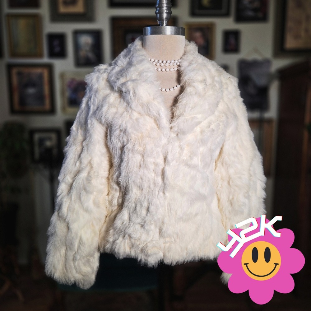 Vintage Y2K Jennyfer J‎ White Genuine Rabbit Fur Jacket Cropped Coat Ivory Glam